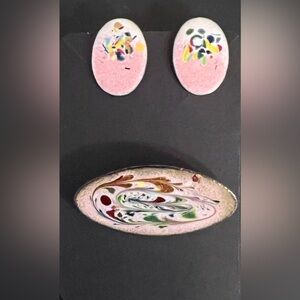 Brooch & Earrings set - enamel multicolor - vintage - screw back earrings